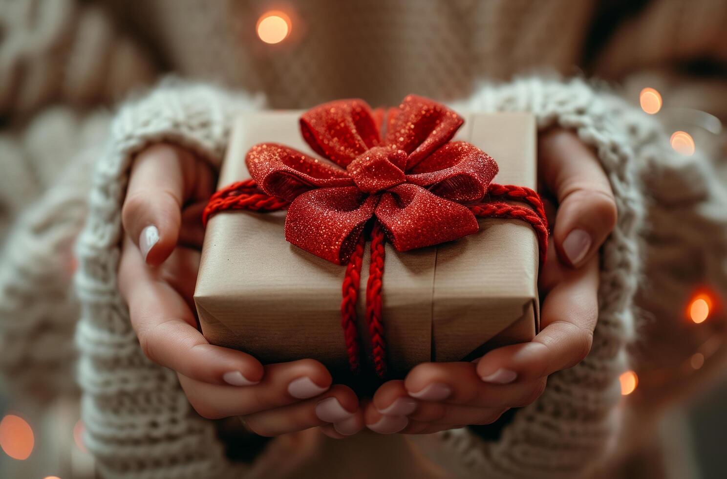AI generated beautiful hands holding a red bow decorated holiday gift photo