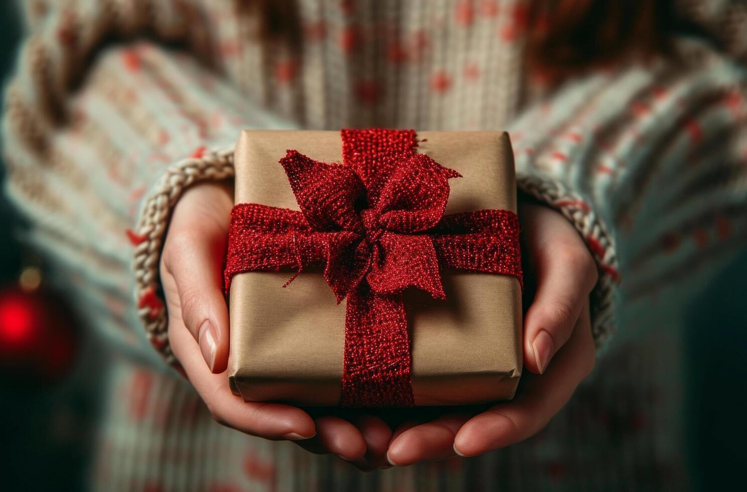 AI generated beautiful hands holding a red bow decorated holiday gift photo