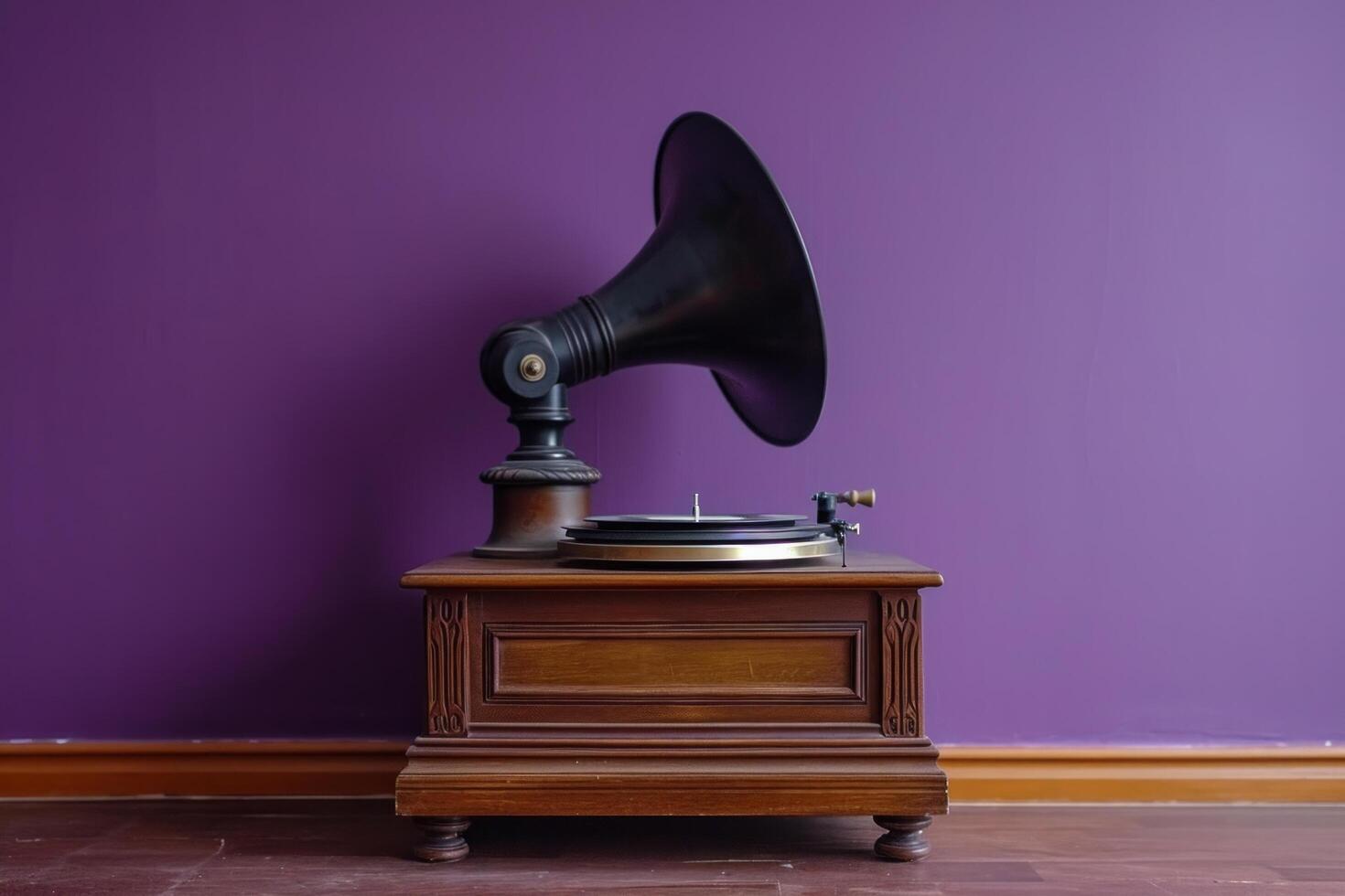 AI generated an analog gramophone on a wooden horchow stand in front of a purple wall photo