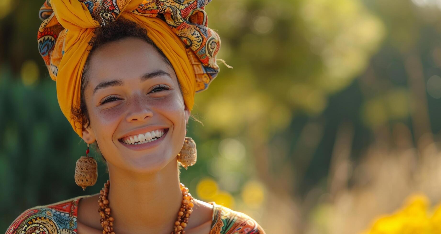 ai generado vistoso mujer con amarillo cabeza envolver riendo en el Dom foto