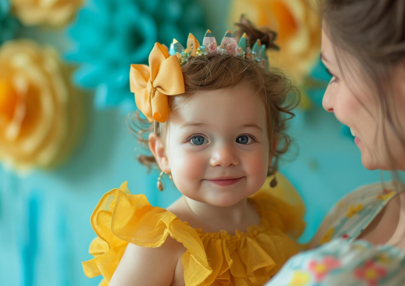 AI generated child looking at mother with crowns and holding a bow photo