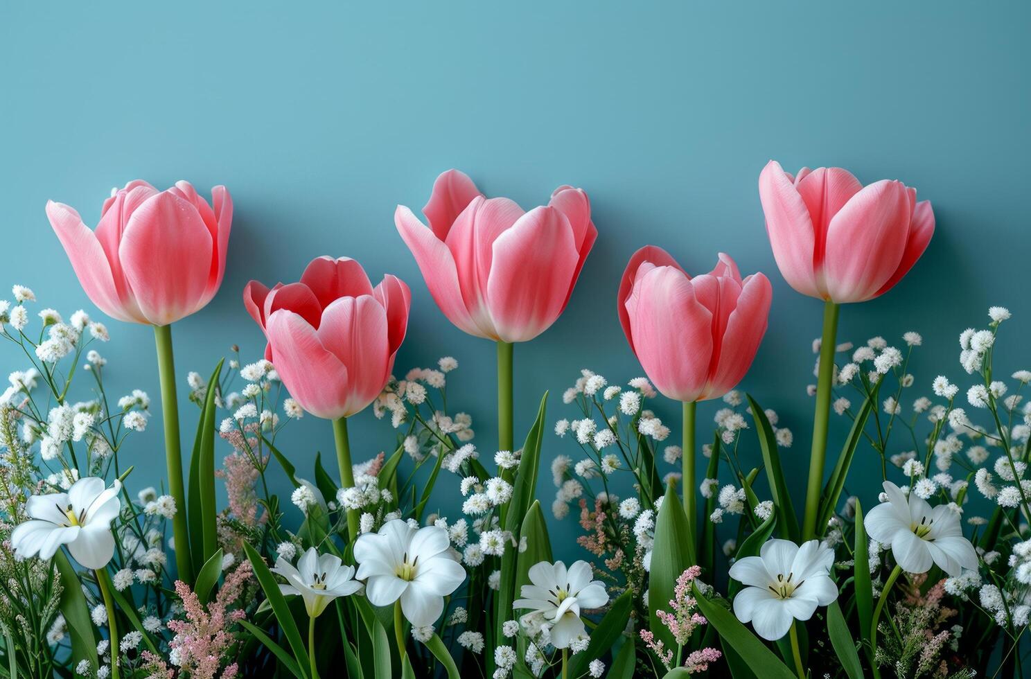 AI generated an arrangement of pink tulips and white flowers against blue background photo