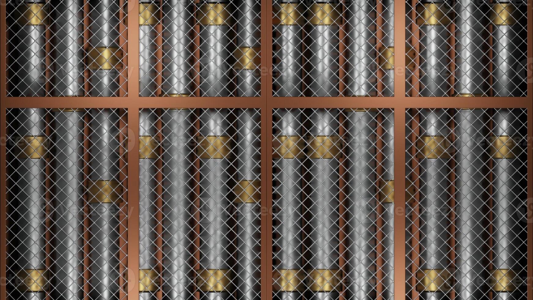 3D pipes with grid. Design. A lot of metal pipes behind grid. System with metal pipes and mesh for technical industry photo
