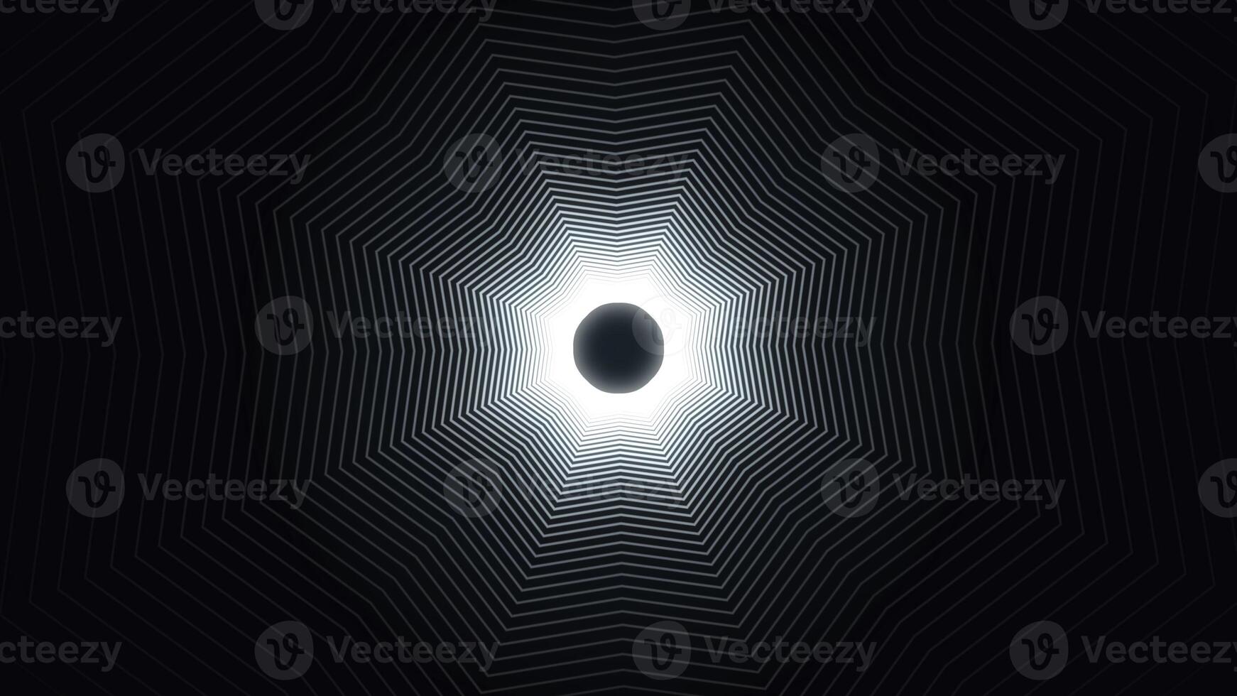 Abstract futuristic white corridor, tunnel with neon lines. Animation. Black circle surounded by white glowing light and narrow stripes that forming a tunnel, monochrome. photo