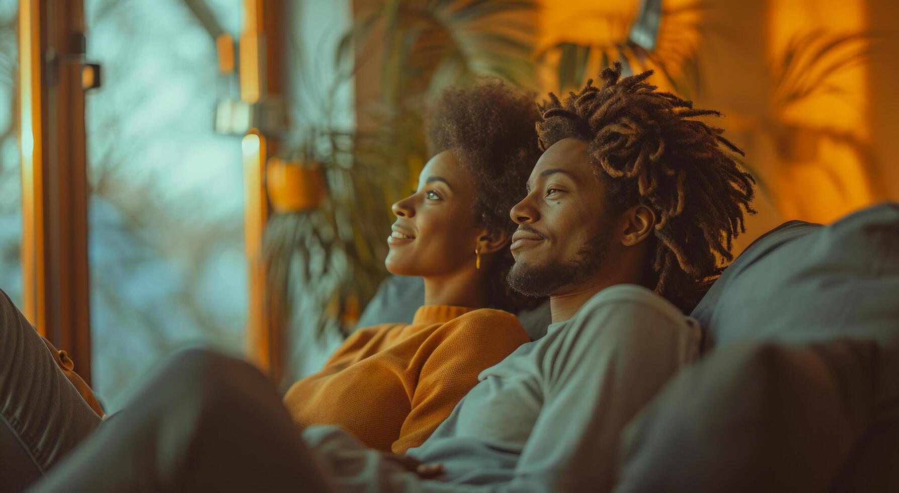 AI generated woman and man sitting together on home sofa photo