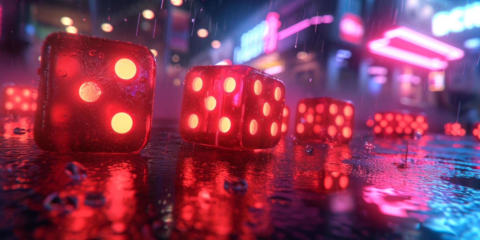 AI generated red dice on a casino floor with red light bulbs photo