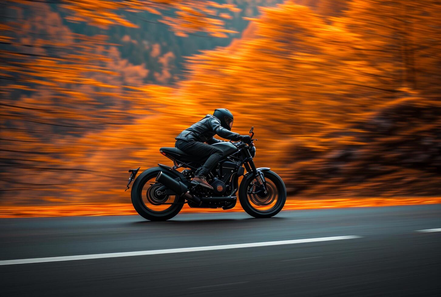 ai generado un negro y naranja motorista montando abajo un la carretera en otoño foto