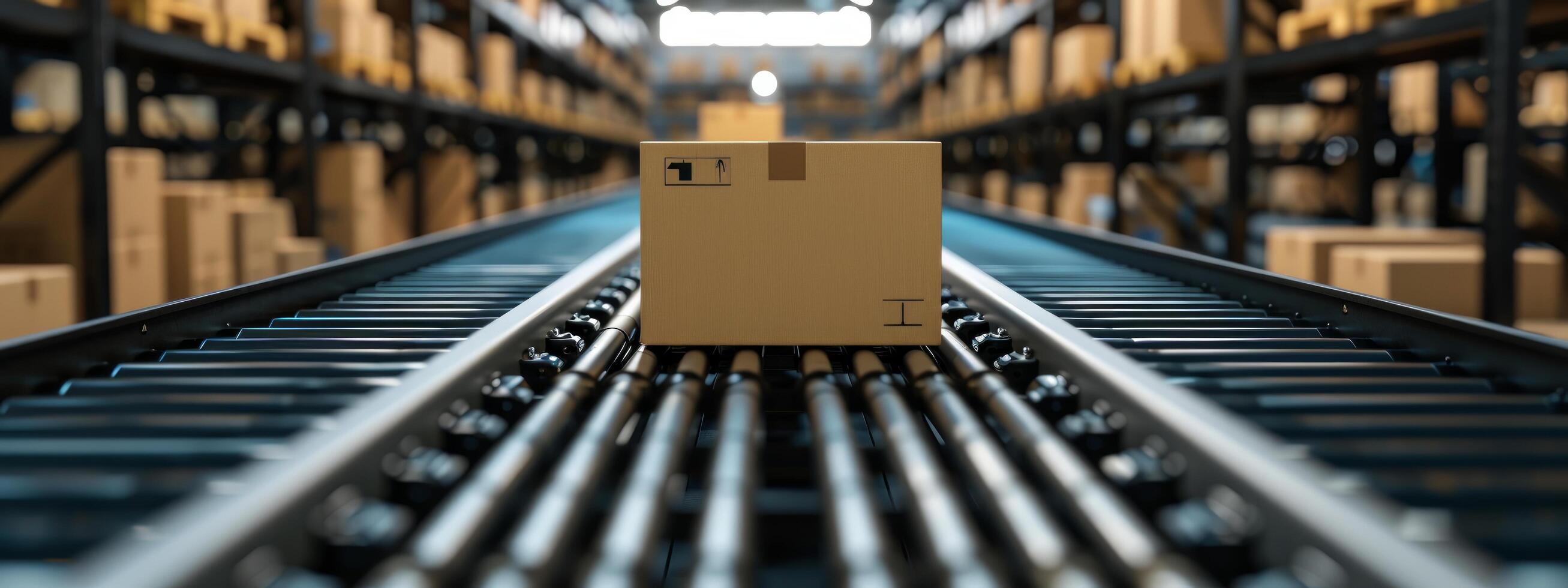 AI generated many boxes on a conveyor belt with boxes in the background photo