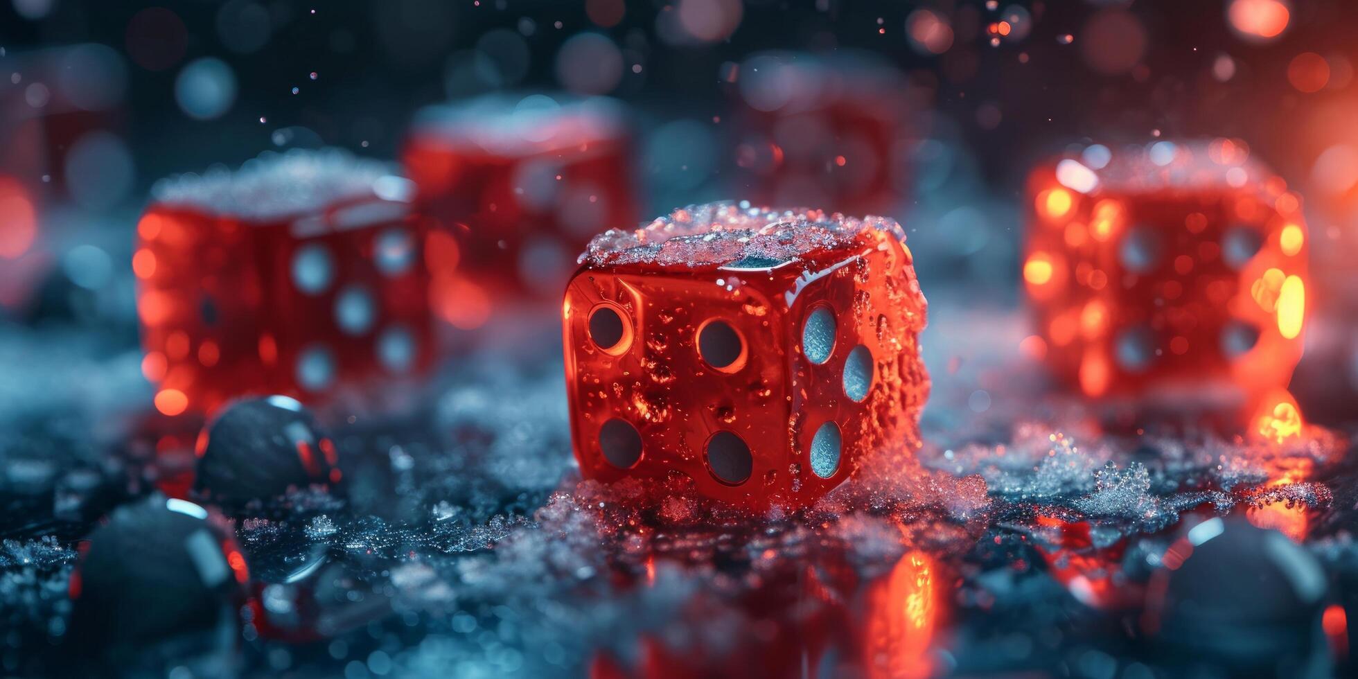 AI generated red dice in the ice and casino floor, photo