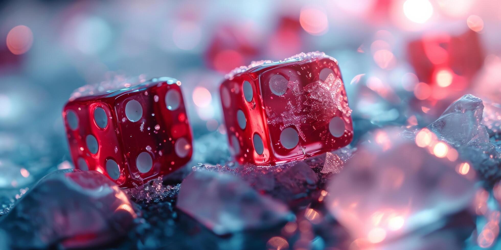 AI generated red dice in the ice and casino floor, photo