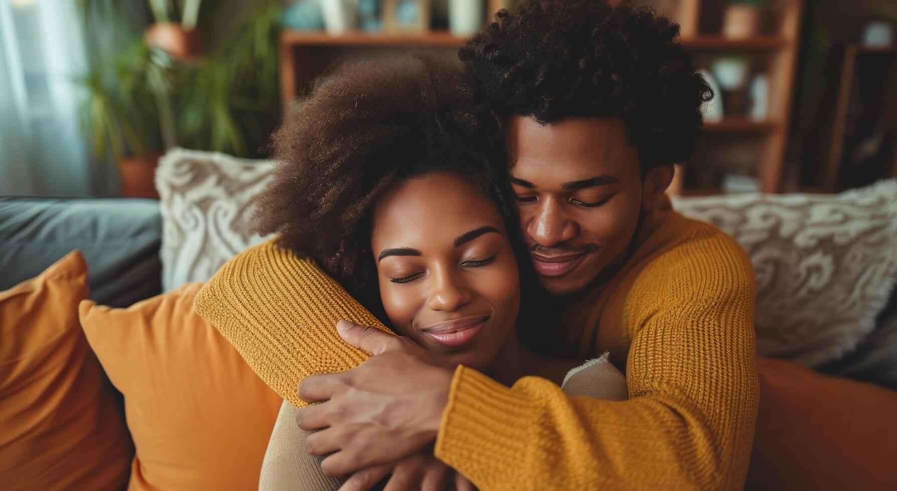 AI generated couple hugging on couch photo