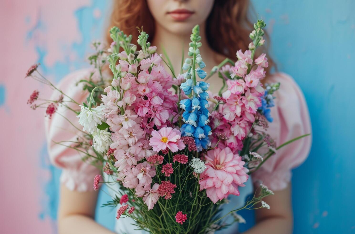 AI generated woman holds a bouquet of flowers, photo