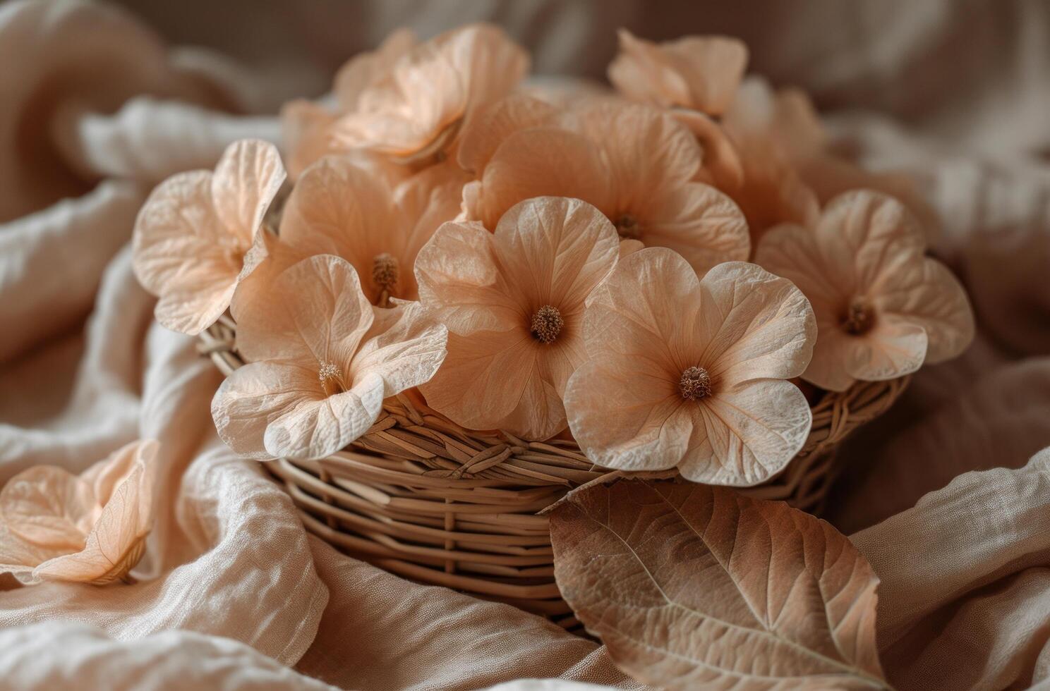 AI generated a basket filled with brown flowers with a large leaf in it photo