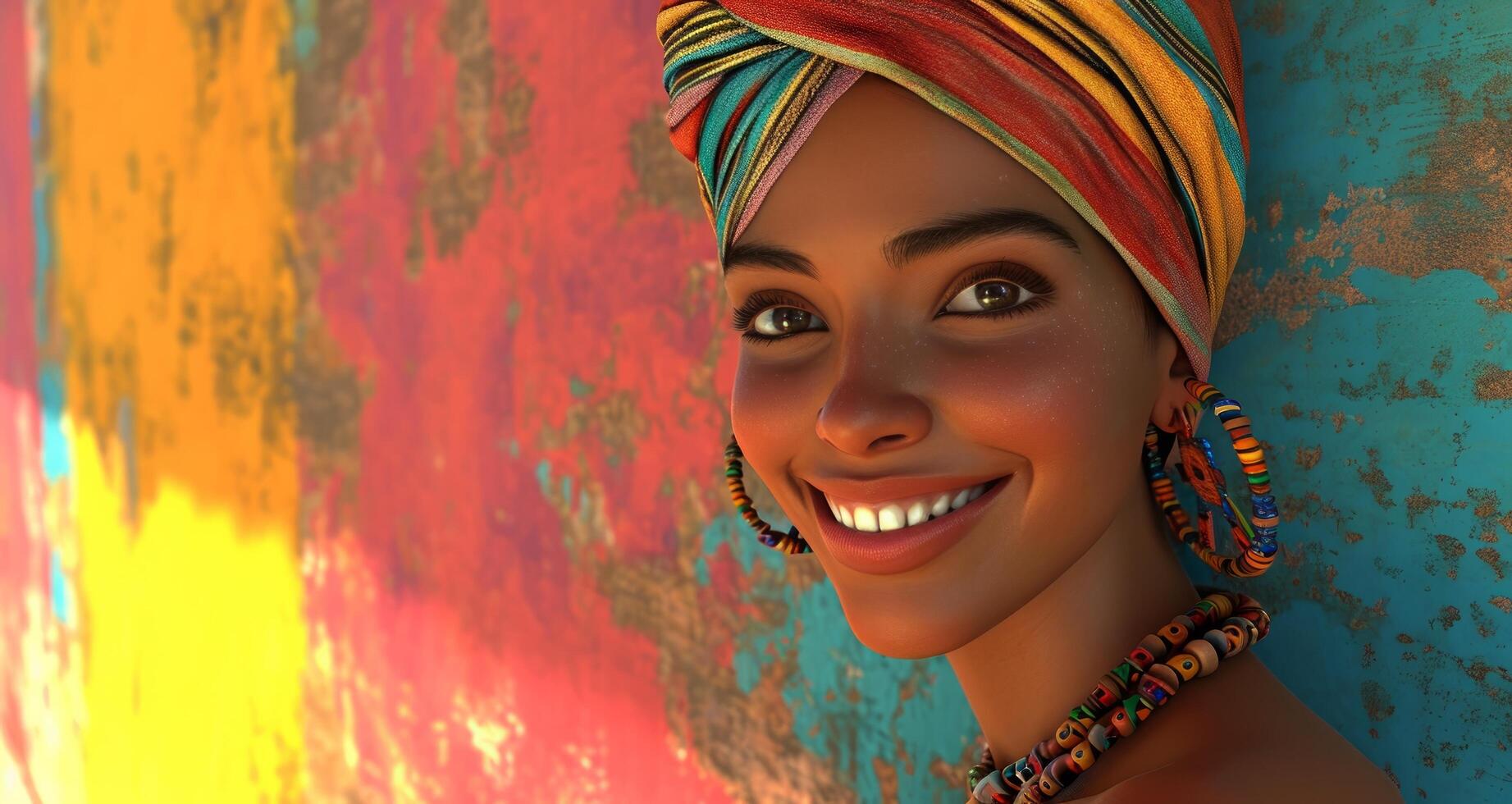 AI generated a happy woman smiling in a colorful turban near colorful wall photo