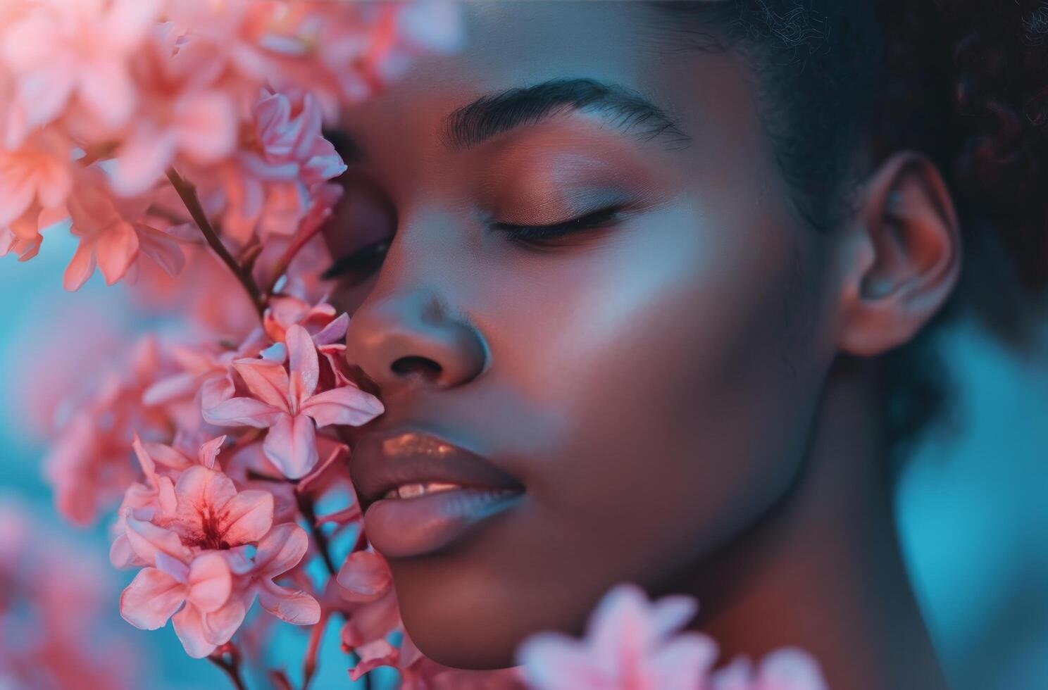 AI generated young black woman smelling a bunch of pink flowers photo