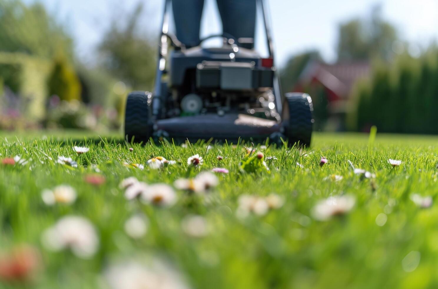 AI generated a person using a lawn mower in a large lawn photo