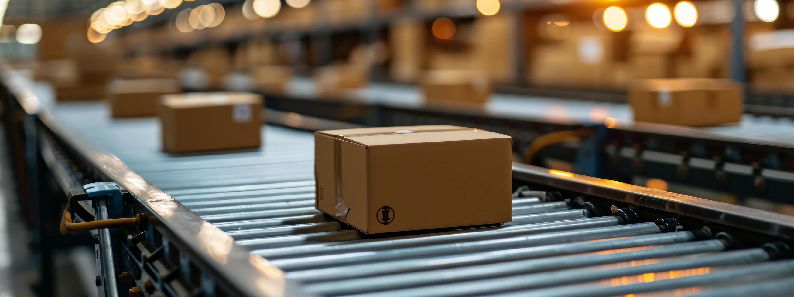 AI generated many boxes on a conveyor belt with boxes in the background photo