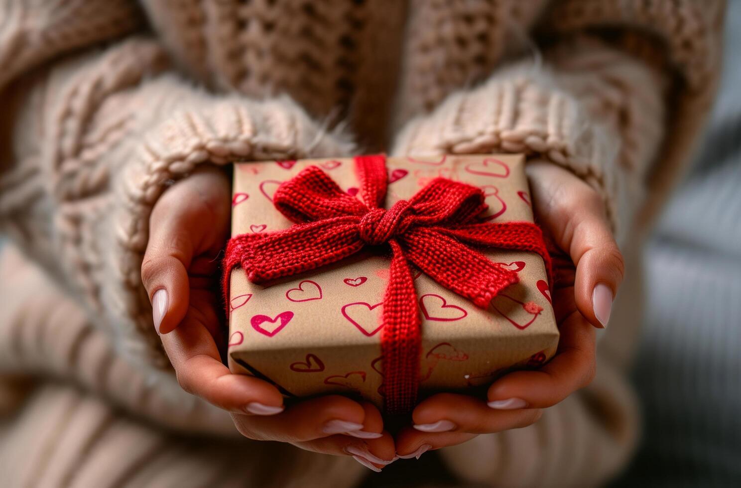 AI generated women hands holding a gift box with hearts logo with red bow photo