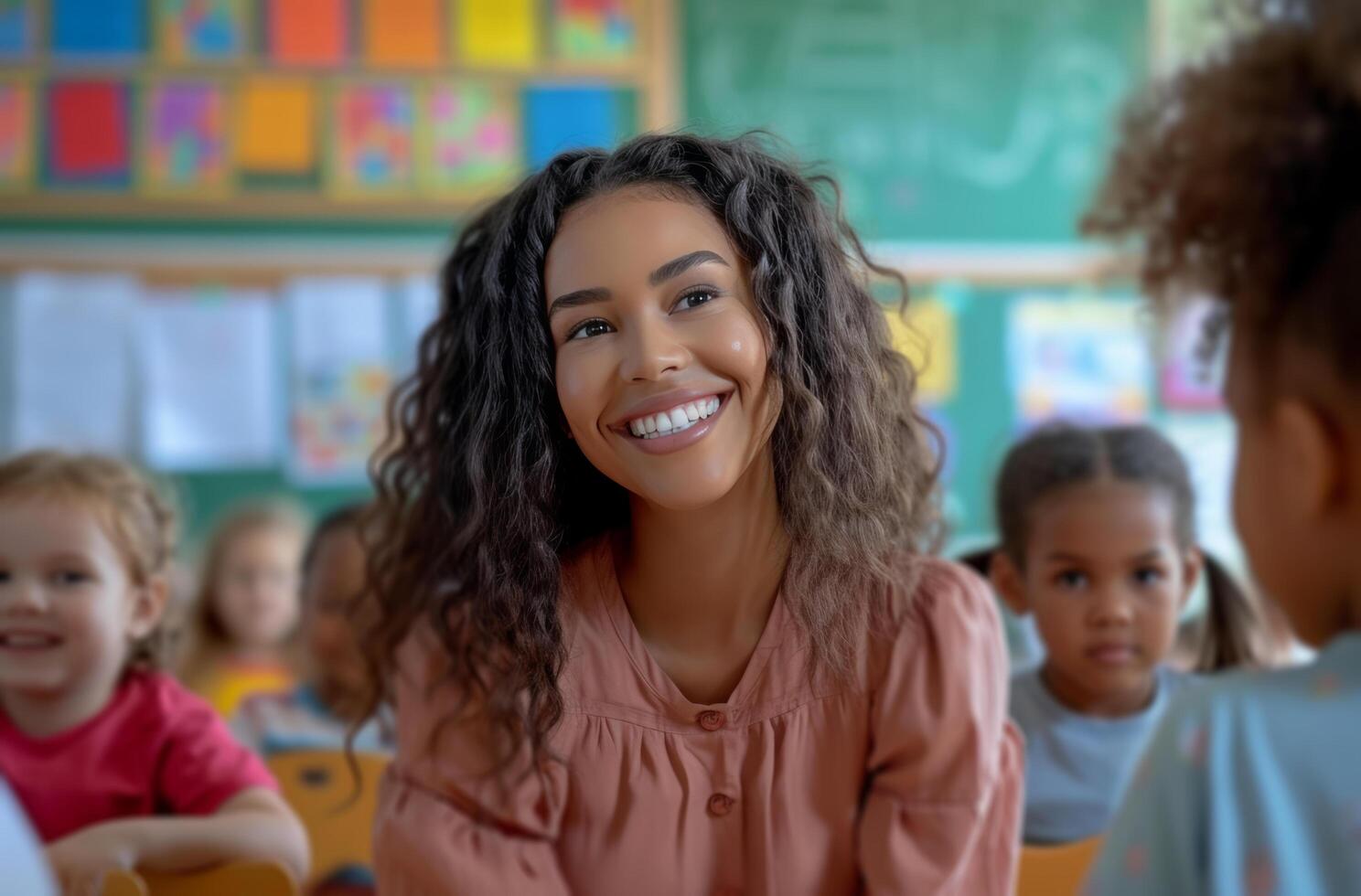 ai generado mujer en un colegio salón de clases sonriente a niños y hablando a ellos foto