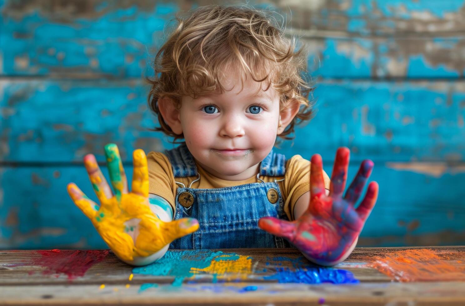 AI generated a toddler is sitting at a table with colorful hands on the table photo
