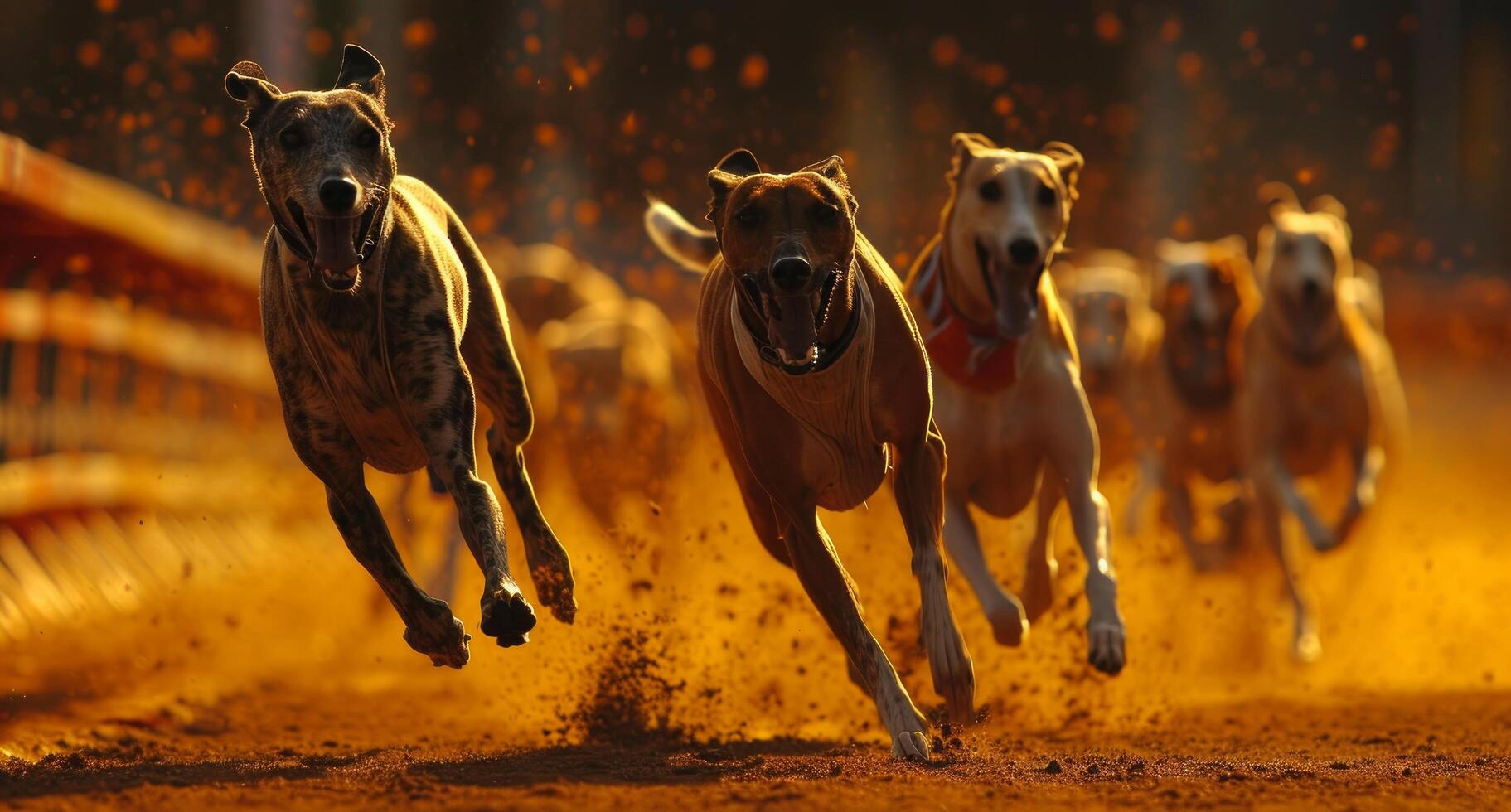 AI generated a group of greyhounds running on a track photo