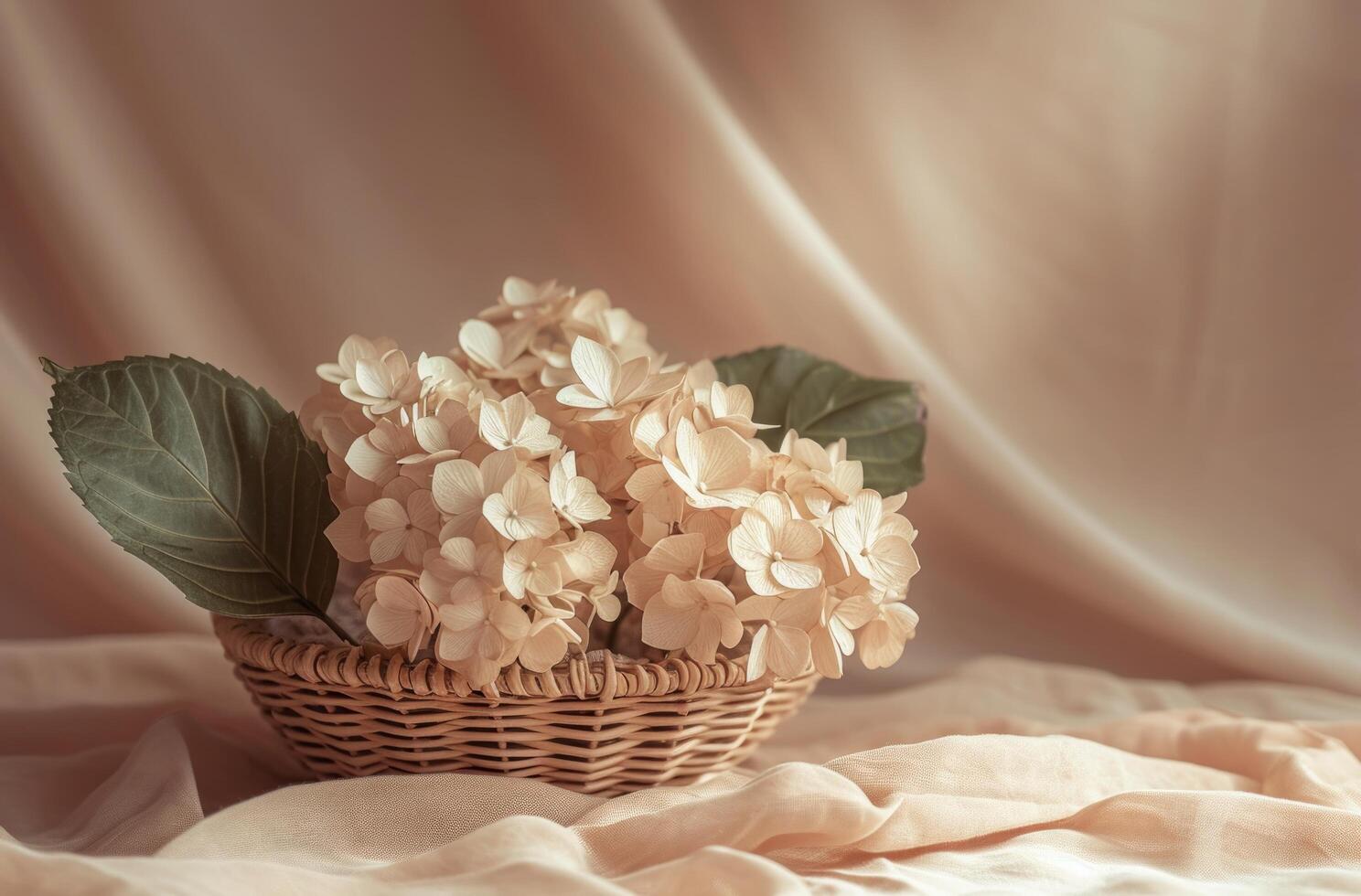 AI generated a basket filled with brown flowers with a large leaf in it photo