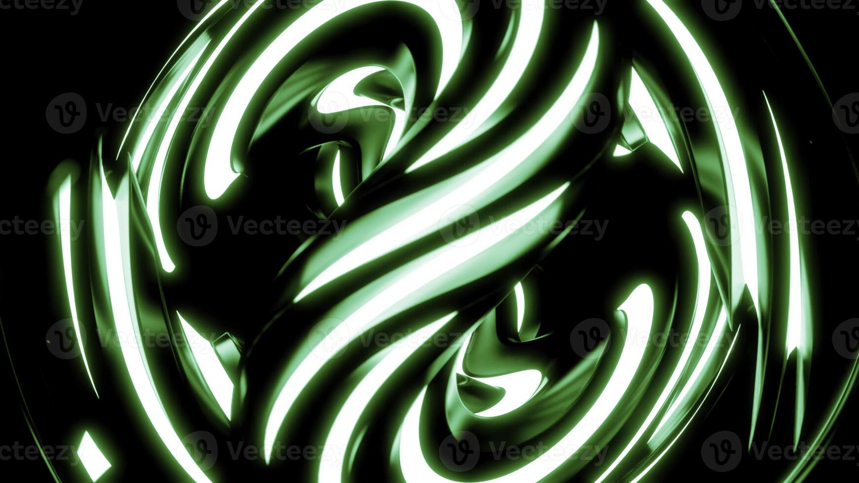 Rotating neon lines. Design. A ball on a black background created from luminous white and green lines in animation. photo
