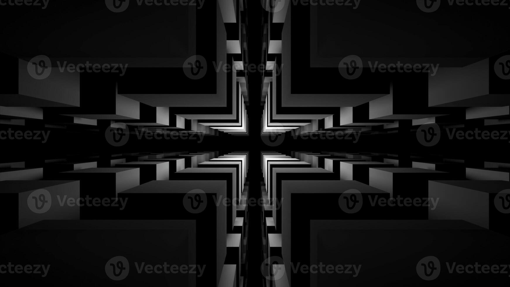 Black background. Design. Narrowed tunnel with white bright highlights in animation that moves forward. photo