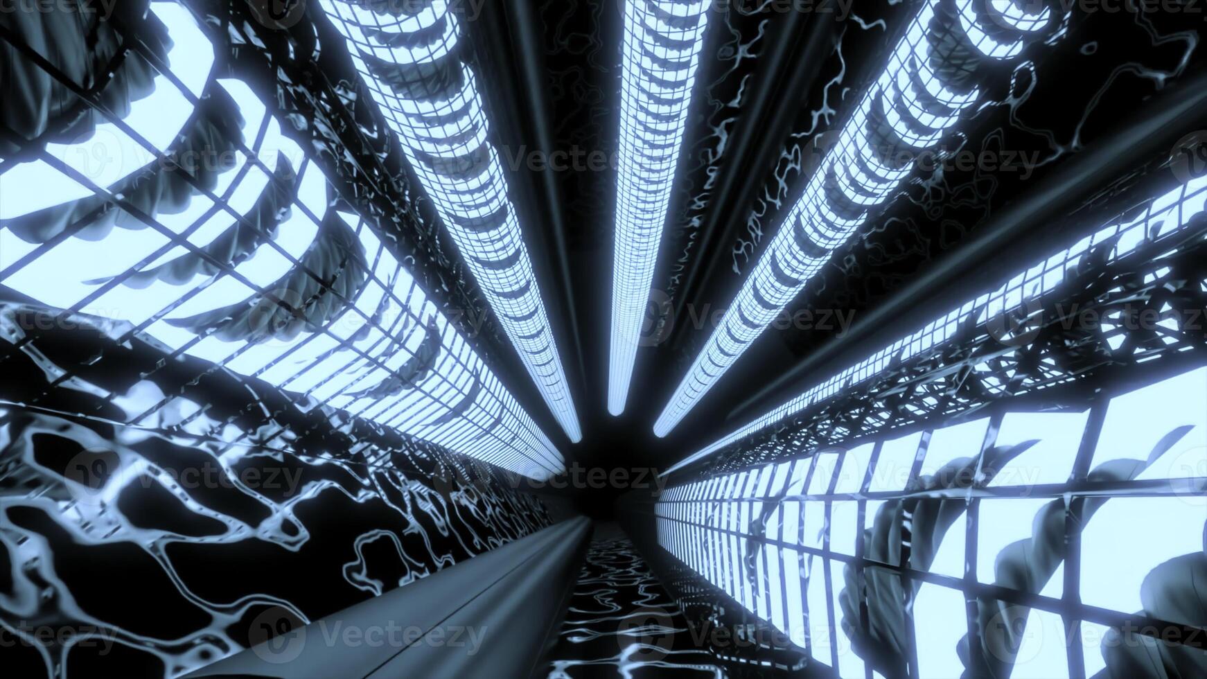 Futuristic 3d tunnel with neon technological pipe lines. Design. Glowing 3d pipes in technological tunnel. Futuristic 3d tunnel inside spacecraft system photo