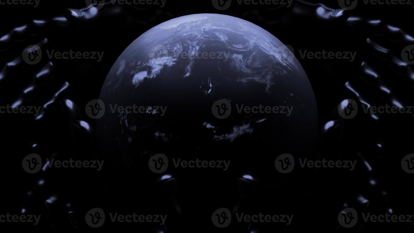 Black background with rotating planet and patterns. Design. Around its axis is a rotating planet earth made in 3D format and reflecting in different shades. photo