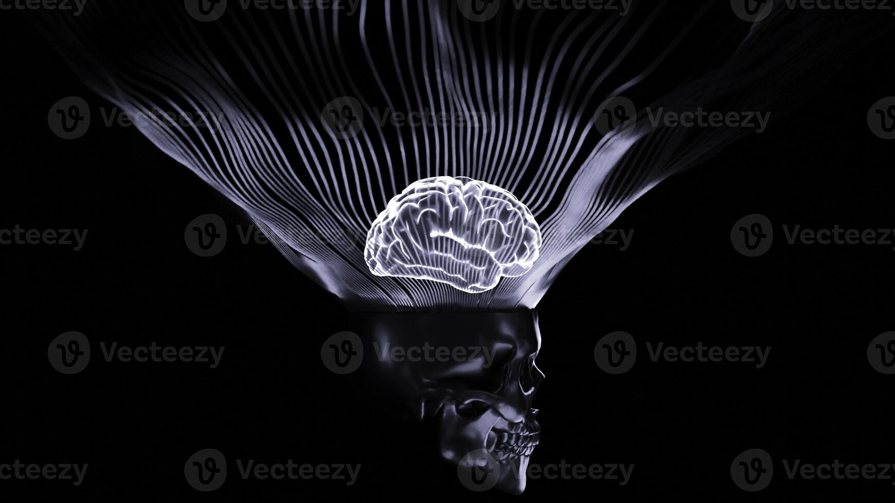 3D animation of glowing brain. Design. Stylish glowing skull with brain on black background. 3d skull animation with glowing brain and lines photo