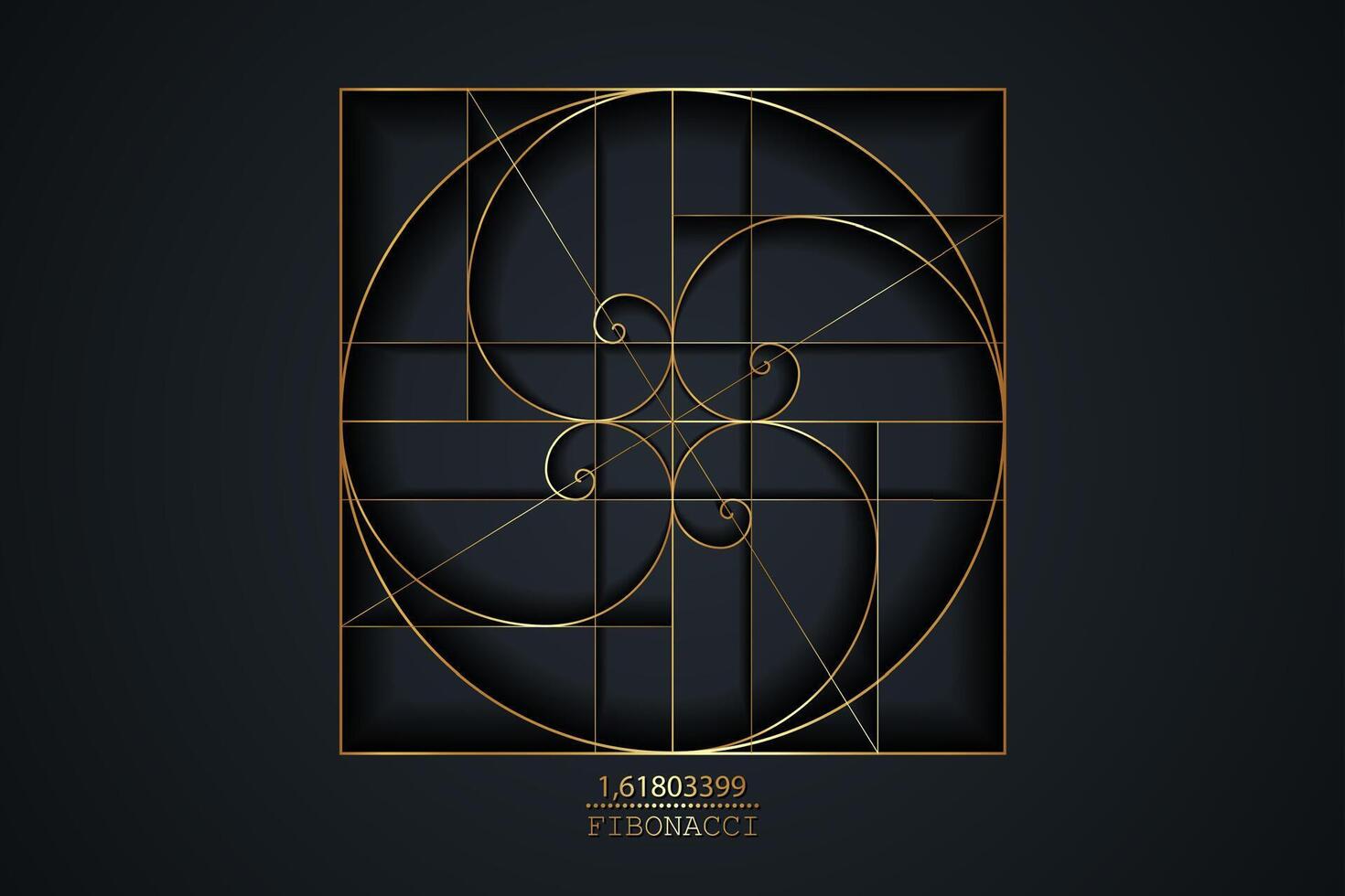 Fibonacci Sequence Spirals. Golden ratio. Gold Geometric shapes spiral in golden proportion, minimalist line art luxury design. Vector circular Logo icon isolated on black background