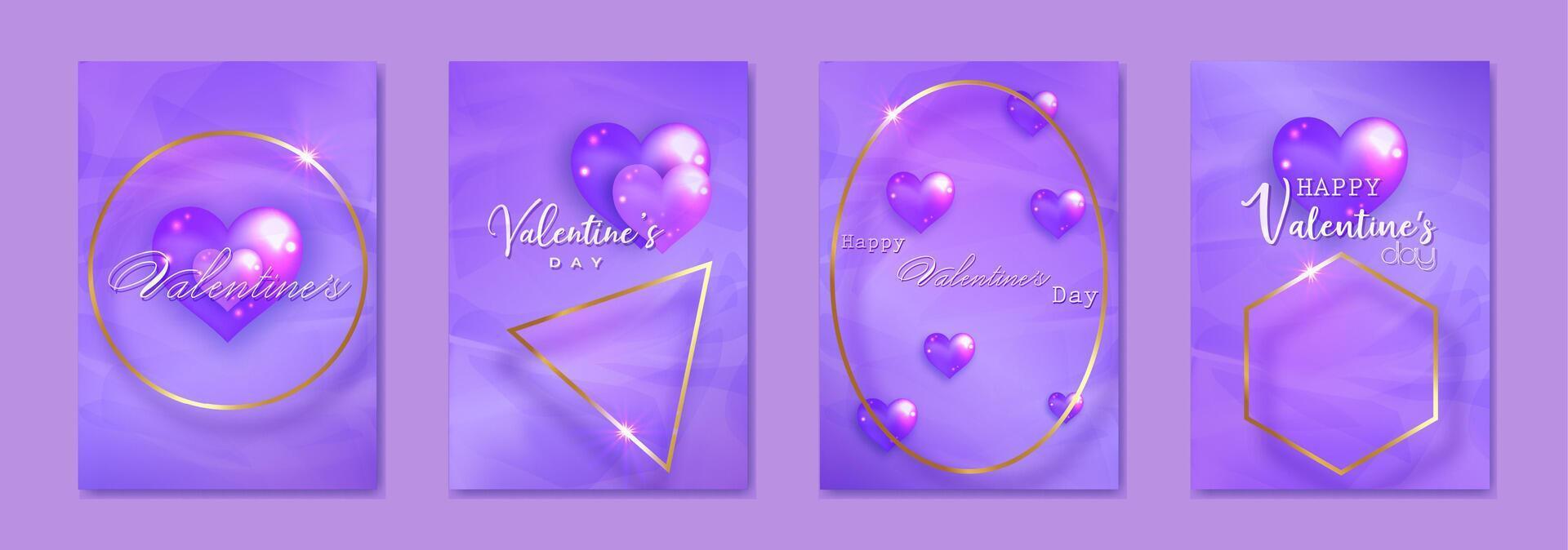 Happy Valentines day set card. 3D glossy purple glass hearts on luxury paper background. Holiday poster with gold geometric frames, jewels. Concept for Valentines banner, flyer, party invitation, gift vector