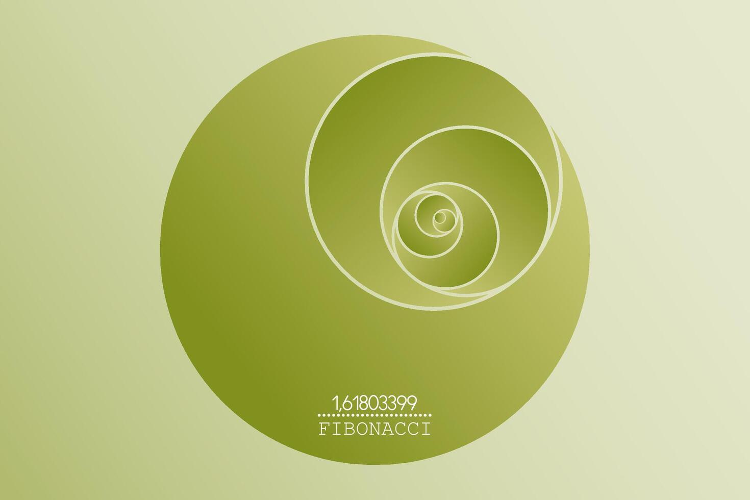 Fibonacci Sequence Circle. Golden ratio. 3D Geometric shapes spiral. Green gradient Circles in golden proportion, minimalist design. Vector circular Logo icon isolated on light green background