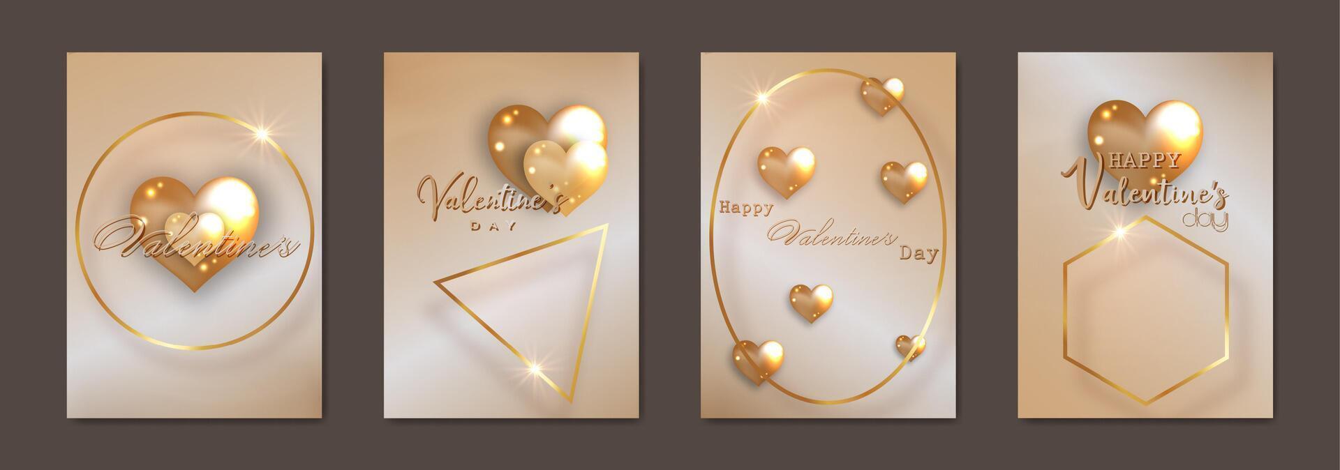 Happy Valentines day set card. 3D glossy gold glass hearts on luxury paper background. Holiday poster with golden geometric frames, jewels. Concept for Valentines banner, flyer, party invitation, gift vector