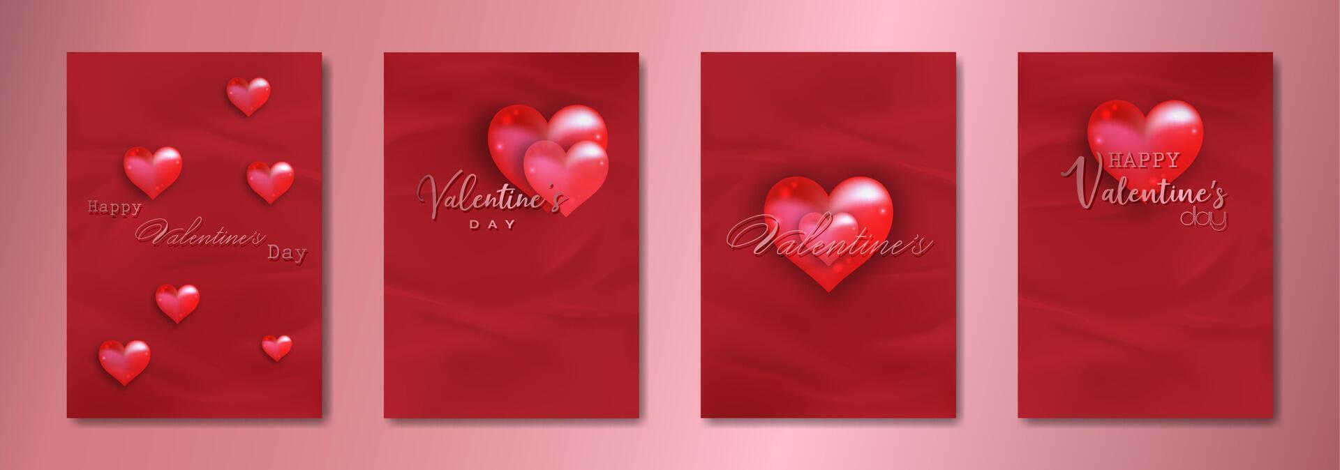 Happy Valentines day set card. Red glass hearts on fabric effect paper background. Holiday poster with gold rose text, jewels. Concept for Valentines banner, flyer, party invitation, jewelry gift shop vector