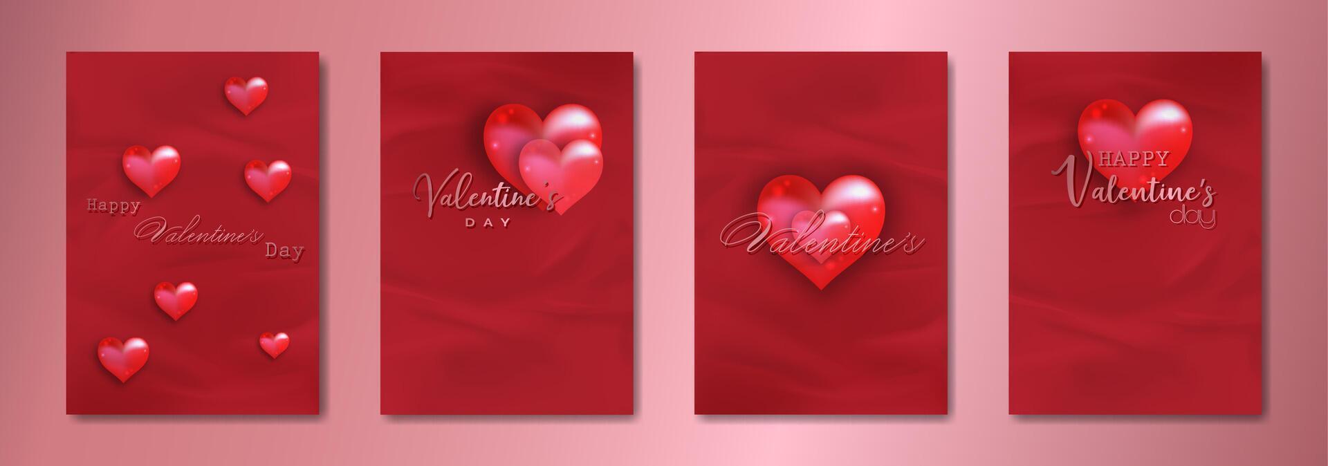 contento san valentin día conjunto tarjeta. rojo vaso corazones en tela efecto papel antecedentes. fiesta póster con oro Rosa texto, joyas. concepto para san valentin bandera, volantes, fiesta invitación, joyería regalo tienda vector