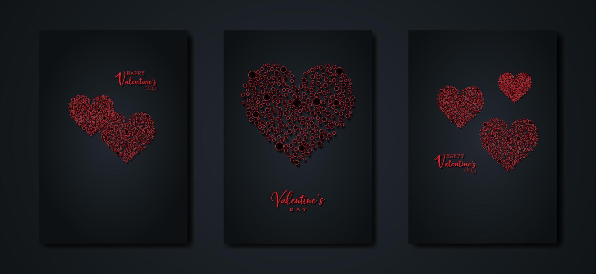 Happy Valentines day vector set greeting card. Red dots hearts on black background. Holiday poster with red text, jewels. Concept for Valentines banner, flyer, party invitation, jewelry gift shop