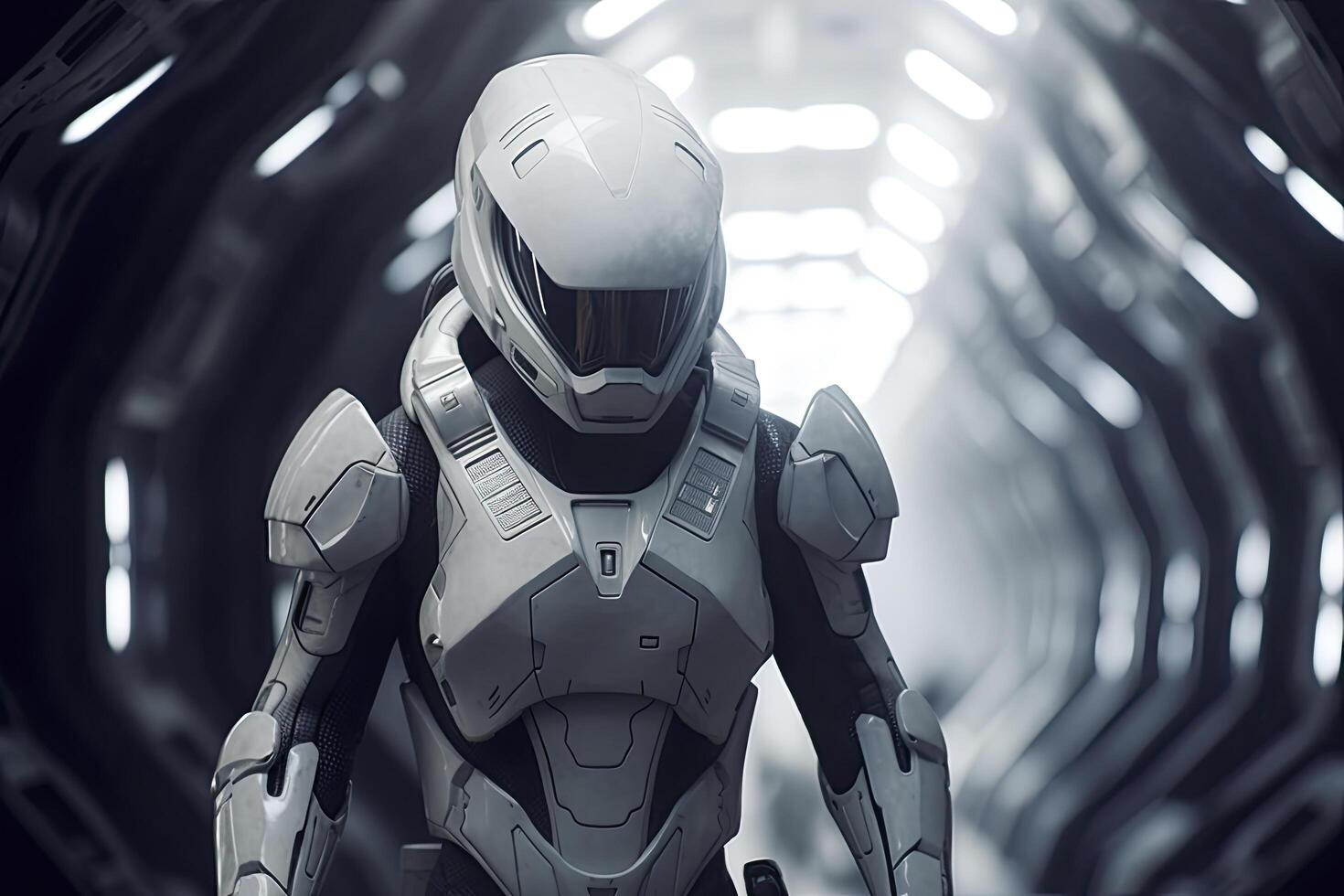 AI generated Armored Human Racing Through Space. Cinematic Atmosphere in Dark White and Light Silver. photo