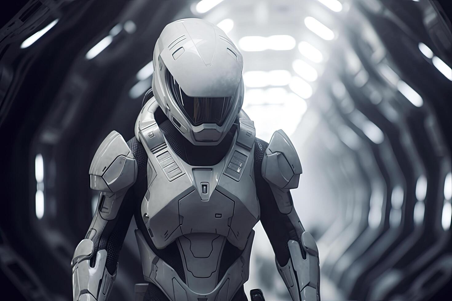 AI generated Armored Human Racing Through Space. Cinematic Atmosphere in Dark White and Light Silver. photo