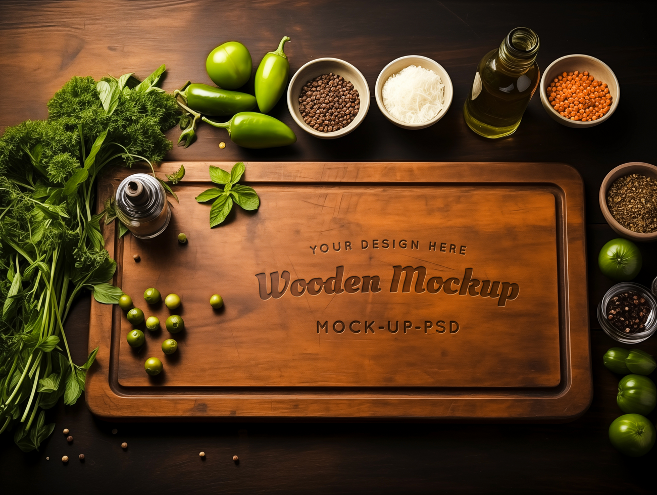 AI generated Logo mockup on wooden cutting board psd