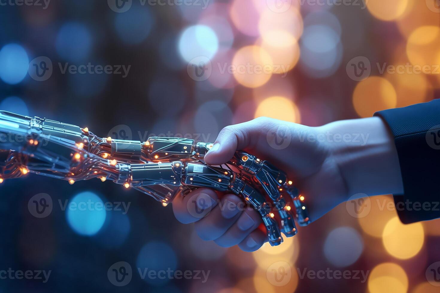 AI generated Handshake human and robot on electronic bokeh background photo