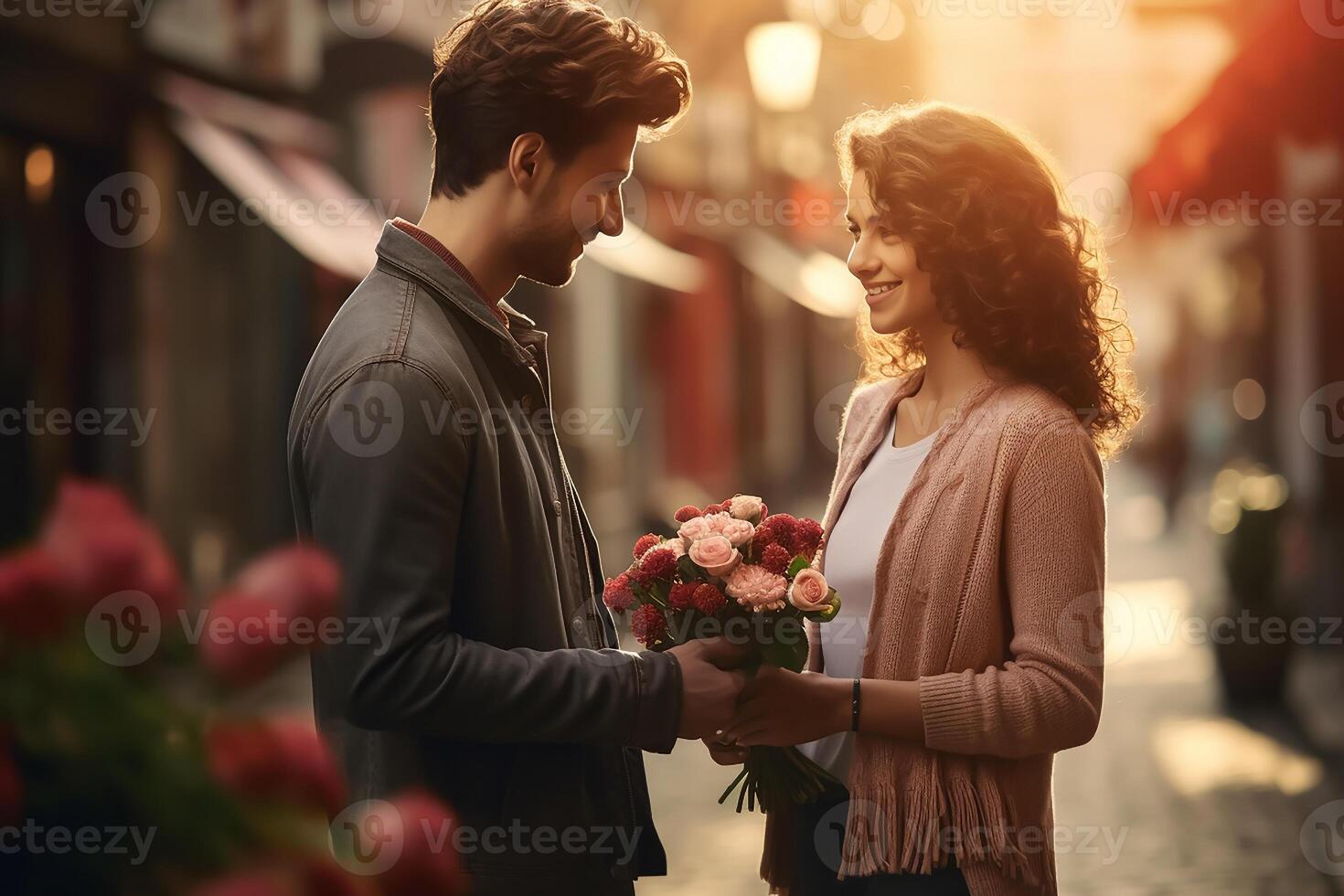 AI generated Romantic man giving flowers to his girlfriend. Happy valentine day concept photo