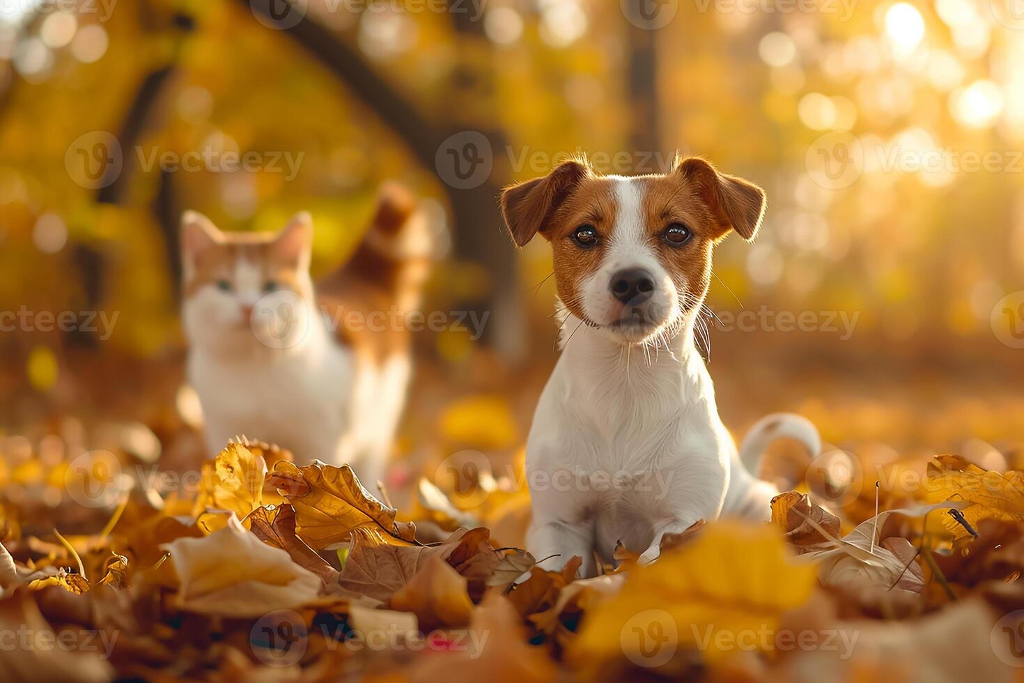 AI generated Dog breed Jack Russell Terrier playing in autumn park photo