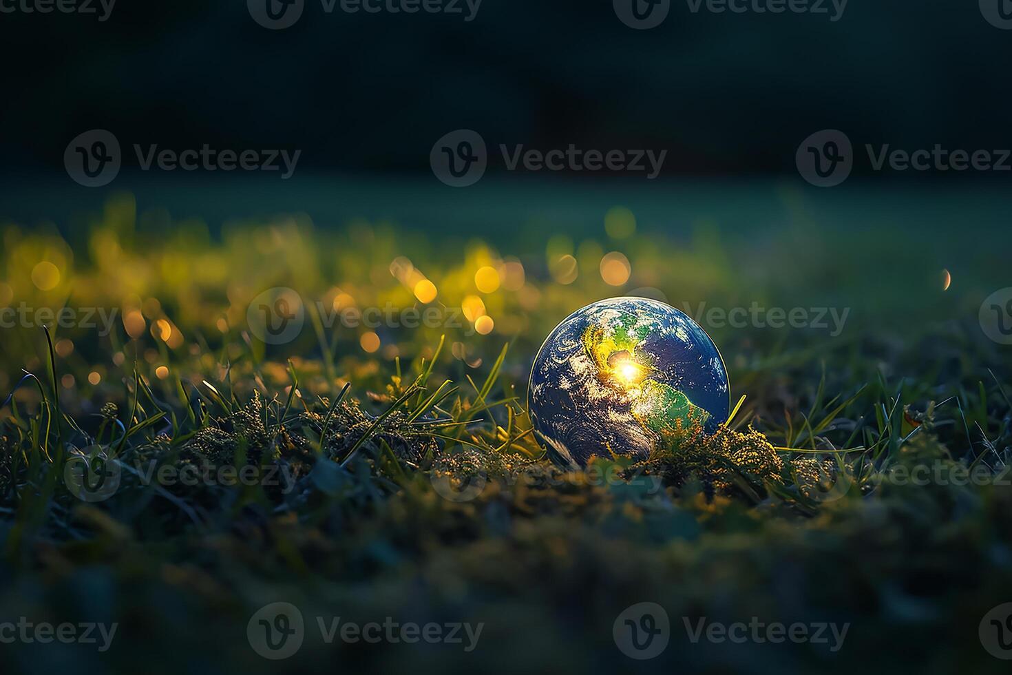 AI generated Global Earth On Soil In Forest With Ferns And Sun Shine photo
