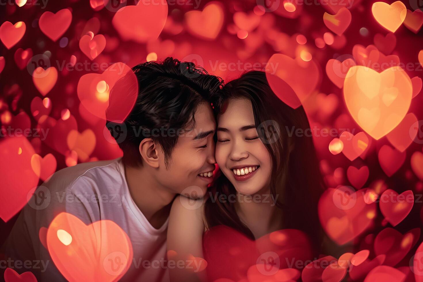 AI generated Yung smiling couple portrait tenderly surrounded by romantic atmosphere of floating hearts. photo