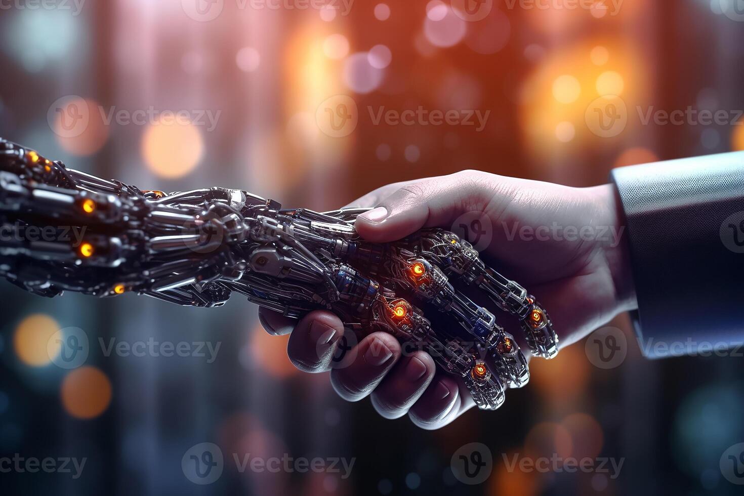 AI generated Handshake human and robot on electronic bokeh background photo