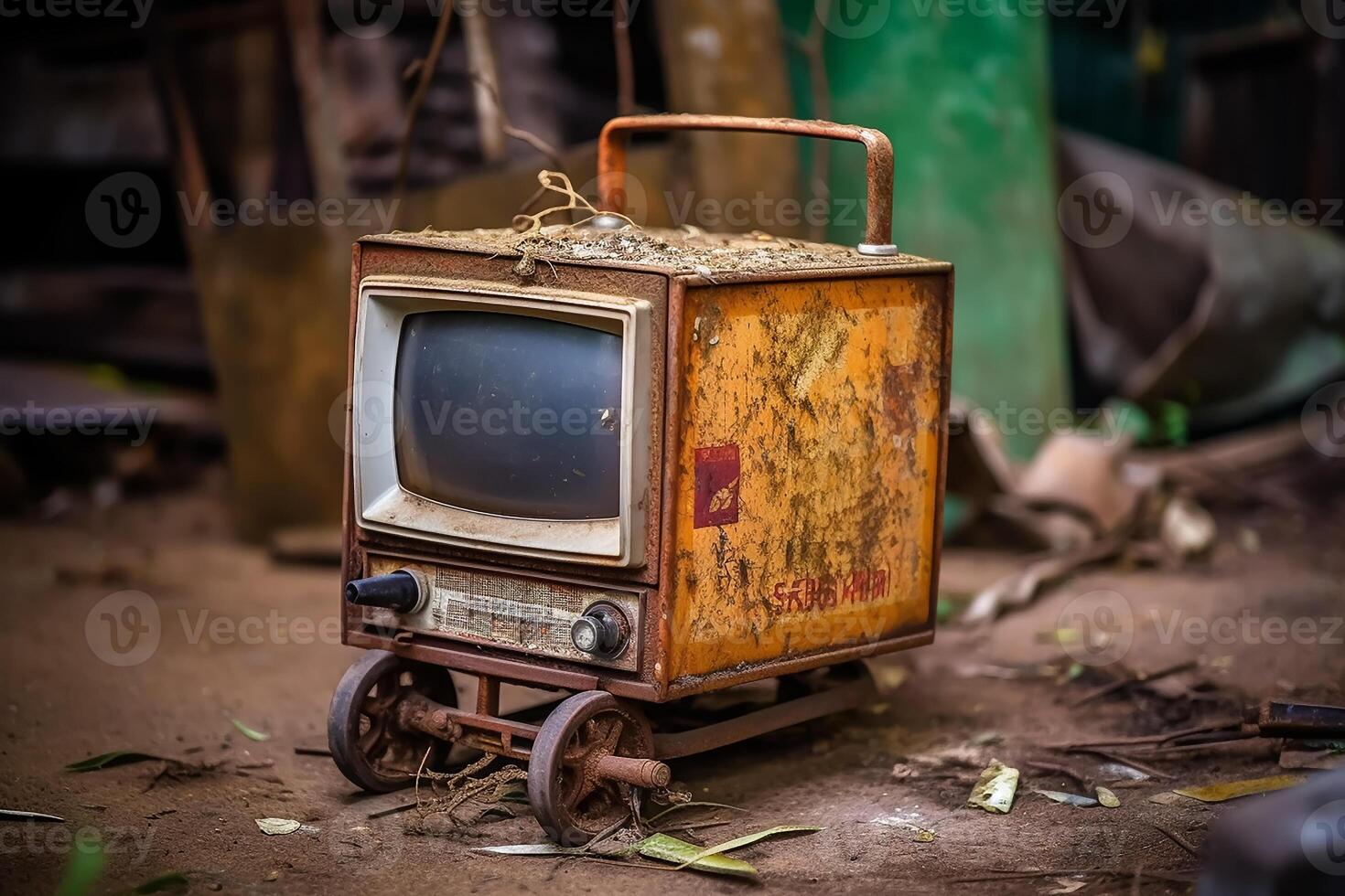 AI generated Closeup photograph of old crt tv in front of old wall photo