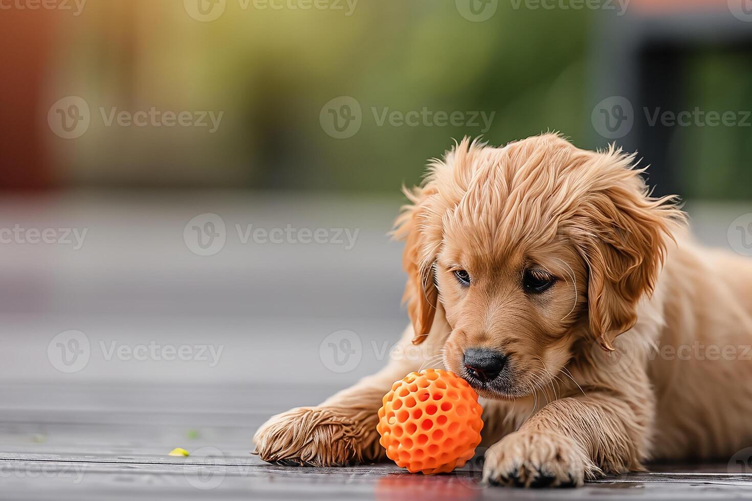 ai generado dorado perdiguero perro perrito jugando con juguete foto