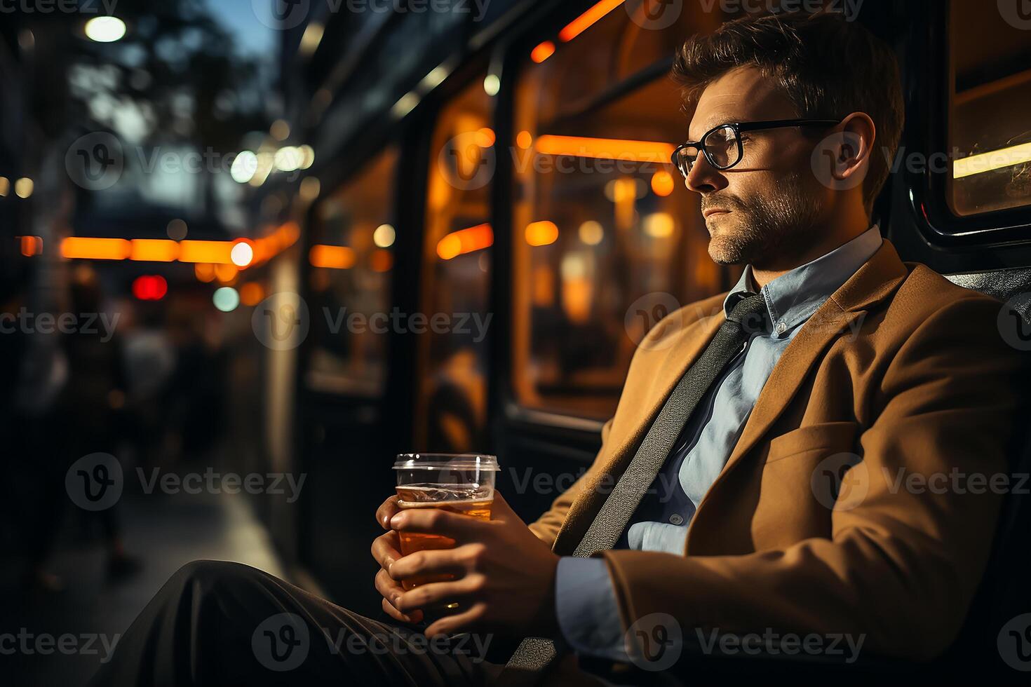 AI generated A business man sitting in a seat in bus and drink the tea photo